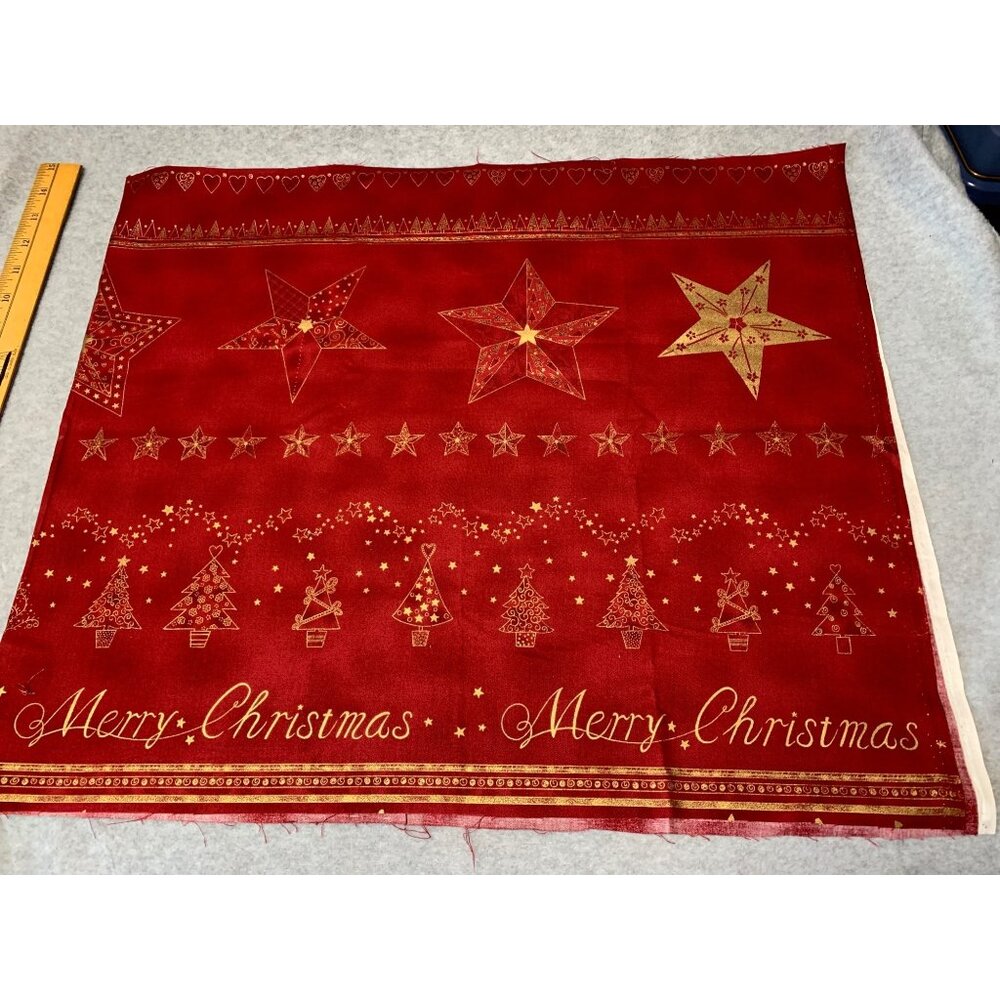 Red & Gold Merry Christmas Cotton Fabric Panel 18x44" Stars Tree Design Holiday